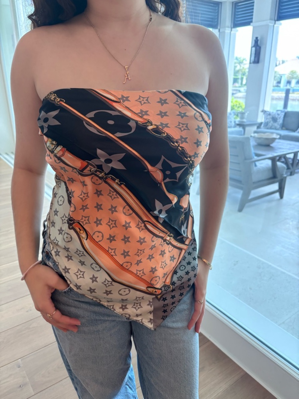 Silk Star-Print Tie-Back Bandana Top in Beige & Orange,black - Picture 9 of 12
